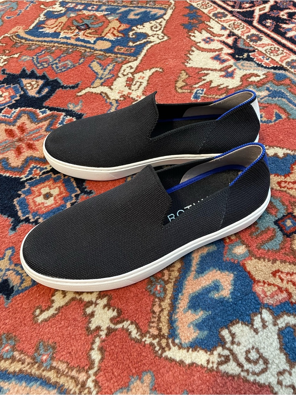 Rothy's Black Slip-On Knit Loafers with Blue Trim